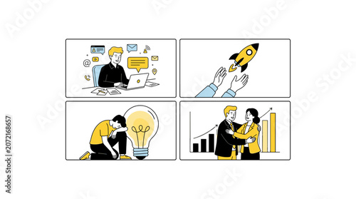 Collage of business situations showing office work startup growth innovation and success.