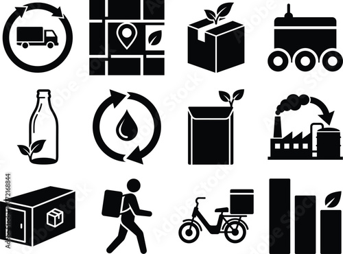 Collection Of Supply Chain And Environmental Pictograms In A Dark Monochromatic Style delivery truck package parcel shipping logistics location pin