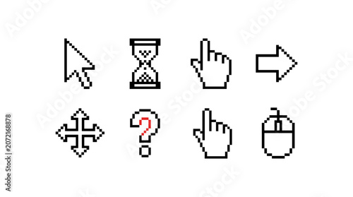 Set of pixel art computer mouse cursors and pointers for various actions.