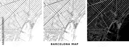 Set of three abstract street maps of barcelona, spain, showing the city grid and urban layout in different styles