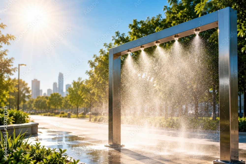 Naklejka premium Public misting station in a city park during a summer heatwave. Outdoor cooling system providing heat relief, hydration support and protection from extreme temperatures