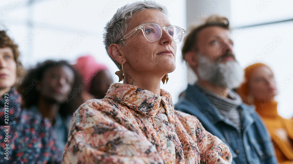Naklejka premium Group of people sitting in a room with large windows. in the center of the image, there is a woman with short grey hair and glasses, wearing a floral blouse.