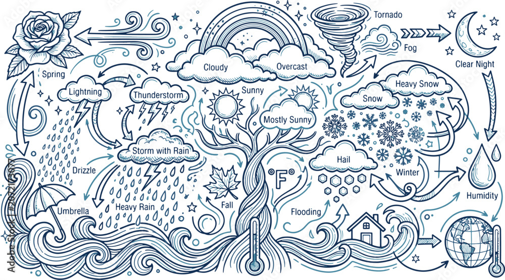 Naklejka premium Weather concept illustration featuring atmospheric elements and symbols meteorology lightning environment temperature forecast atmosphere illustration thermometer snowflake umbrella