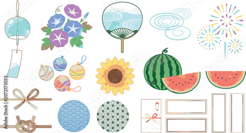 Obraz na plátně Traditional japanese summer icon set including morning glory and watermelon with