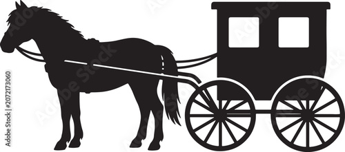 Fotografie Black silhouette of horse-drawn carriage, minimalist line also transparent backg