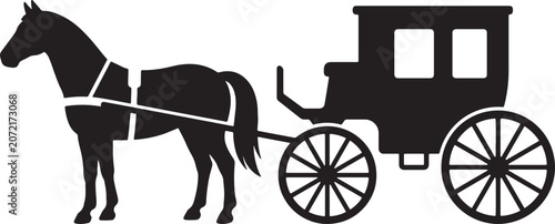 Obraz na plátně Black silhouette of horse-drawn carriage, minimalist line also transparent backg