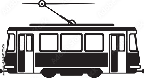 Vászonkép Minimalist black and white side-view of a vintage tram with overhead trolley pol