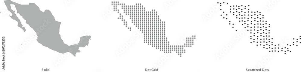 Obraz premium Set of three different map styles of mexico solid silhouette, dot grid pattern, and scattered dots