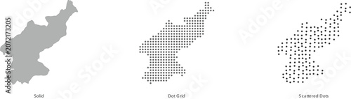 North korea map silhouette in three styles solid, dot grid, and scattered dots
