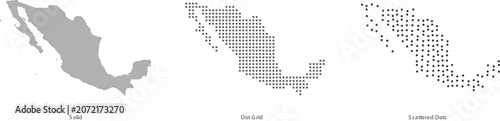 Set of three different map styles of mexico solid silhouette, dot grid pattern, and scattered dots