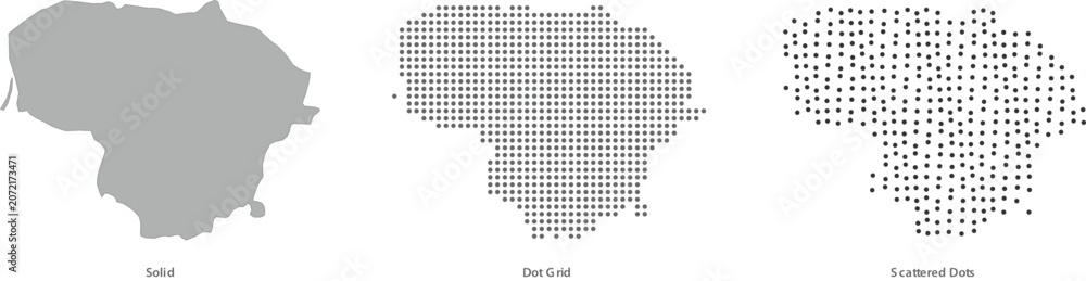 Fototapeta premium Map of lithuania represented in three different styles solid silhouette, dot grid pattern, and scattered dots