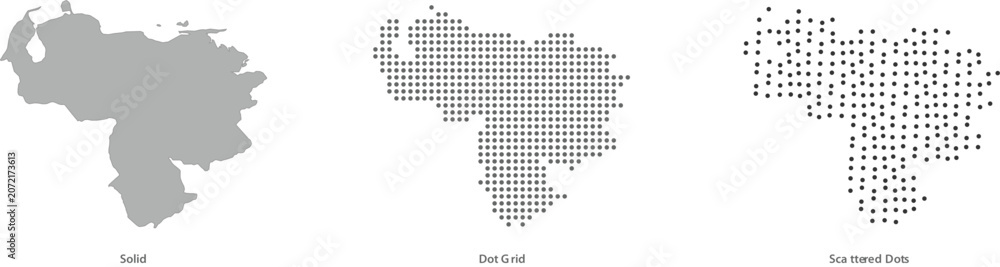 Obraz premium Venezuela map in three different styles solid silhouette, dot grid pattern, and scattered dots