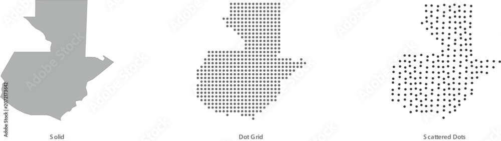 Obraz premium Guatemala map vector illustration set in three styles solid, dot grid, and scattered dots geometric representation of the countrys outline and borders