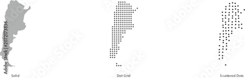 Set of argentina map silhouettes in solid, dot grid, and scattered dots styles