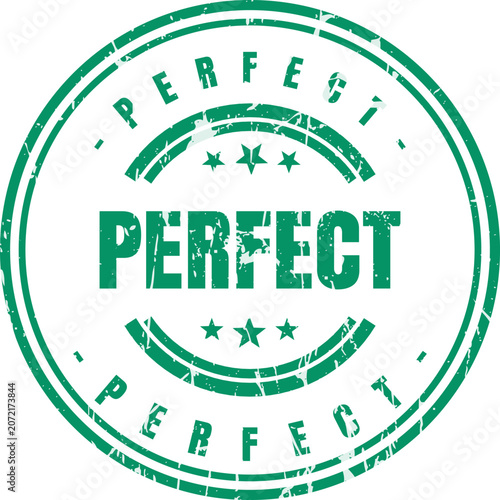 A circular green stamp design featuring the word perfect with a distressed vintage texture style