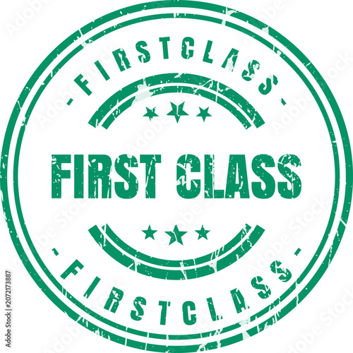 A circular green rubber stamp with First Class text for marking premium services and products