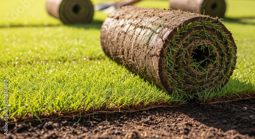 Unrolling fresh sod on prepared soil landscaping process with new grass installation for garden and lawn. Ideal for construction, gardening, and environmental landscaping concepts.