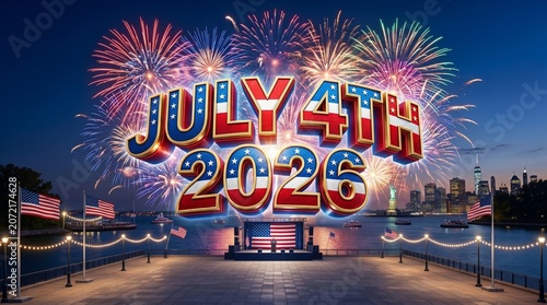 July 4th 2026 celebration with fireworks and statue of liberty skyline