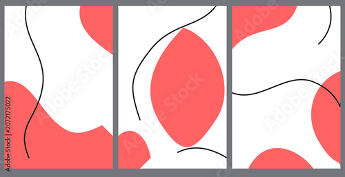 Fotografie Abstract triptych wall art with organic coral shapes and thin black line strokes