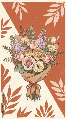 Bouquet of pastel roses and ranunculus in brown paper wrapping
