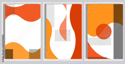Konstfotografi Abstract triptych wall art with orange fluid shapes and geometric patterns in ve