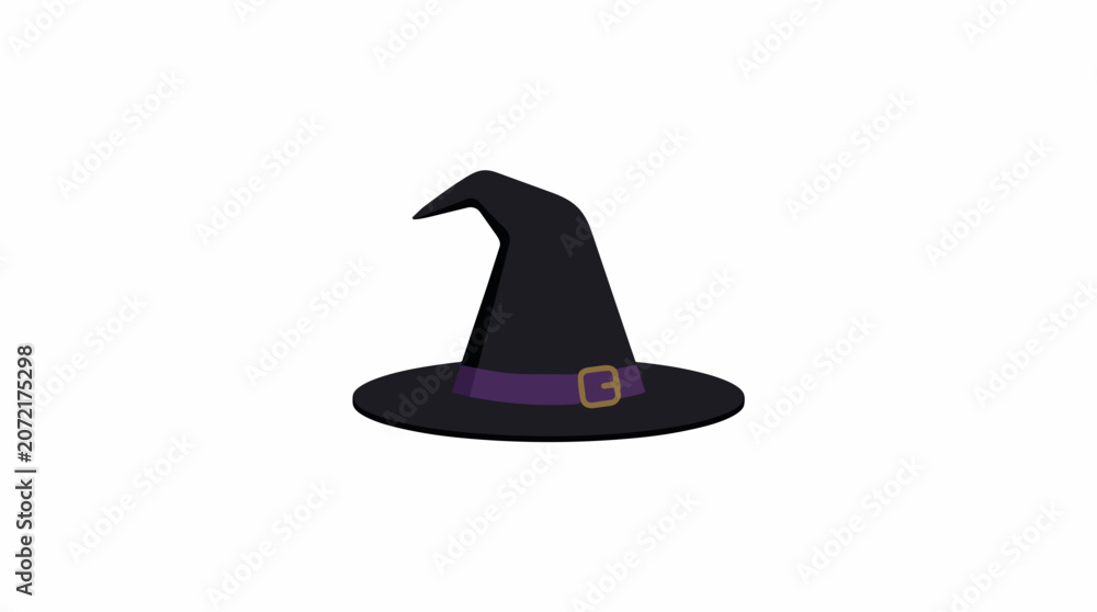 Fototapeta premium Classic Black Witch Hat with Purple Ribbon and Gold Buckle Isolated on White Background