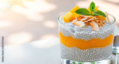 Chia seed pudding with coconut milk and mango puree healthy breakfast dessert bowl. Suitable for vegan diet, nutrition and wellness themes.