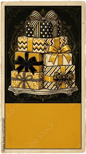 Elegant stack of gold and black gift boxes on vintage card