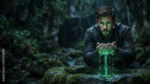 Man kneels by glowing water in a dark, mossy forest. His hands cup light as if holding life's essence. Green glow dances between his palms and stone. Mysterious energy pulses through the forest floor