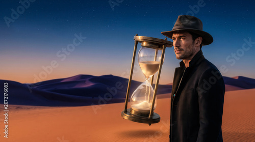 Dramatic desert twilight under starlit sky. Man in hat and coat stands beside floating hourglass. Golden sand dunes stretch into distant horizon. Mysterious, thoughtful expression suggests urgency