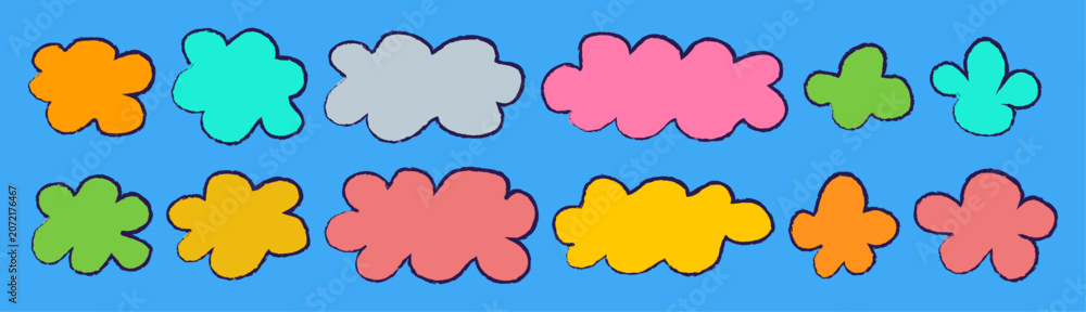Obraz premium Fluffy label shape Colorful cloud shaped and crayon frame Speech label for border design isolated and sticker think Vector illustration set