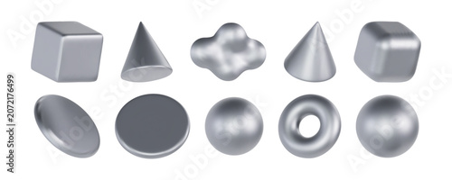 3d silver geometric shapes objects set 3d argent geometry Realistic elements isolated on metallic color gradient