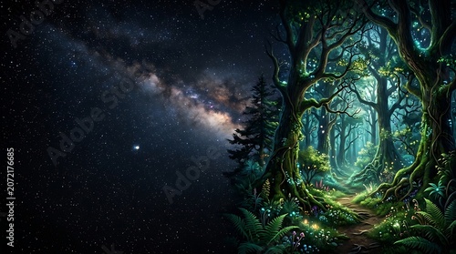 Magical forest path under a starry night sky and milky way