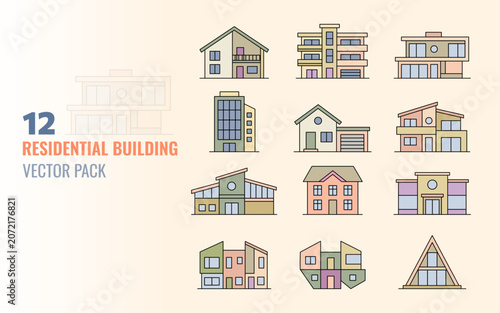 Set of 12 modern residential building and house vector icons, professional real estate architecture flat line art elements pack for property web design and infographics