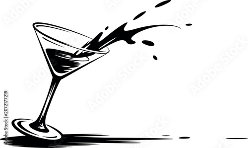 Bild auf Leinwand Energetic black ink vector of a martini glass tipping with a dramatic liquid splash against a minimalist background