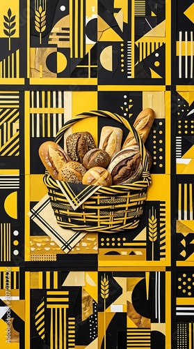 Basket of fresh artisanal bread on a yellow and black geometric background