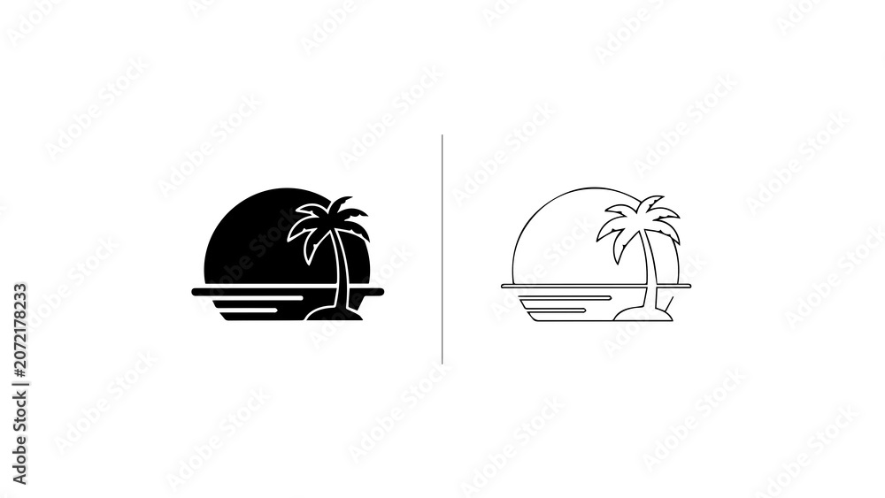 Fototapeta premium Minimalist Tropical Beach Sunset Icon Set