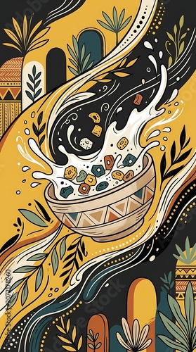 Abstract folk art cereal bowl with splashing milk and botanical motifs