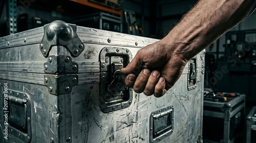 Hand closing latch on heavy duty flight case in warehouse Behind the scenes tournament