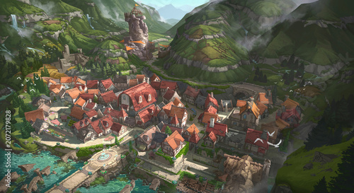 Принти на полотні An illustration of an old medieval fantasy town set in a fresh green valley, featuring many epic waterfalls and beautiful crystal-clear lake scenery