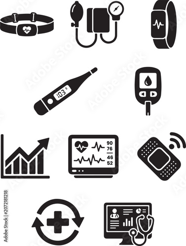 Set of medical monitoring and health tracking icons for digital devices and healthcare