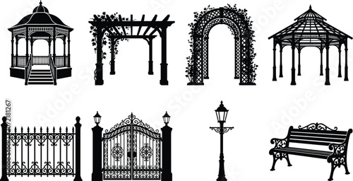 Obraz na płótnie Collection of garden architecture silhouettes including wooden gazebo pergola fl
