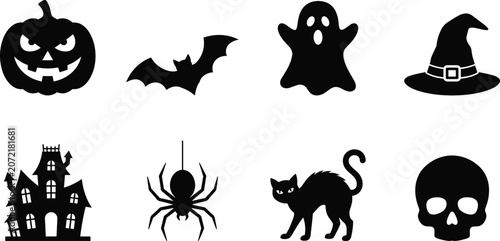 Fotografie Halloween black silhouette icon set featuring pumpkin jack o lantern bat ghost w