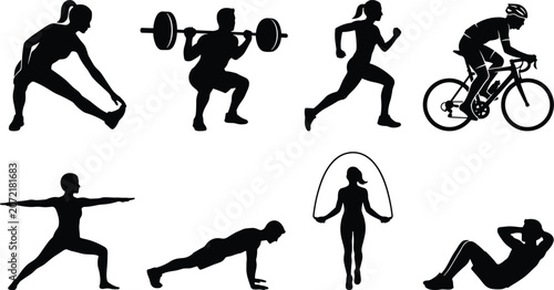 Photos Fitness and workout silhouette collection featuring people running cycling lifti