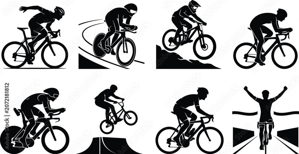 Obraz premium Professional cyclists and bicycle racers silhouettes set showing road racing triathletes mountain biking and bmx isolated on white background