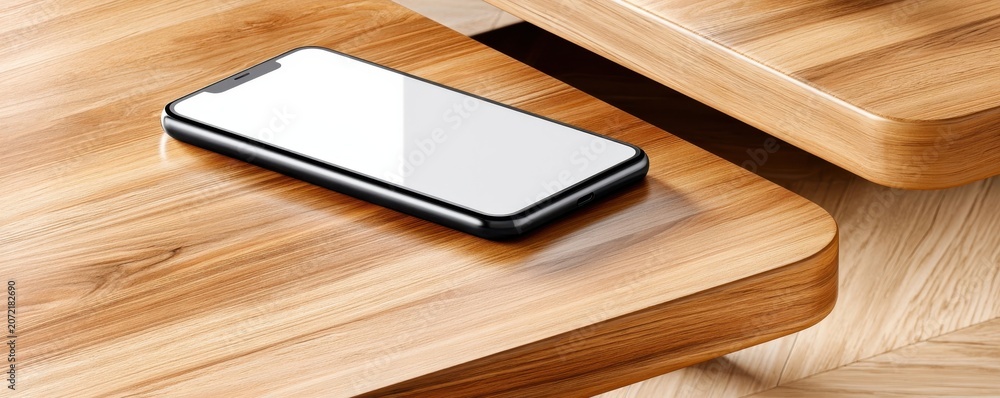 Fototapeta premium Minimal black smartphone with blank screen on wooden table for mockup and tech presentations