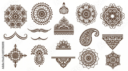 Intricate traditional mehndi henna design for Indian weddings and celebrations. Elegant floral, Paisley, and detailed geometric patterns. Premium vector art