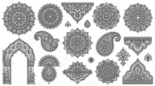 Intricate traditional mehndi henna design for Indian weddings and celebrations. Elegant floral, Paisley, and detailed geometric patterns. Premium vector art