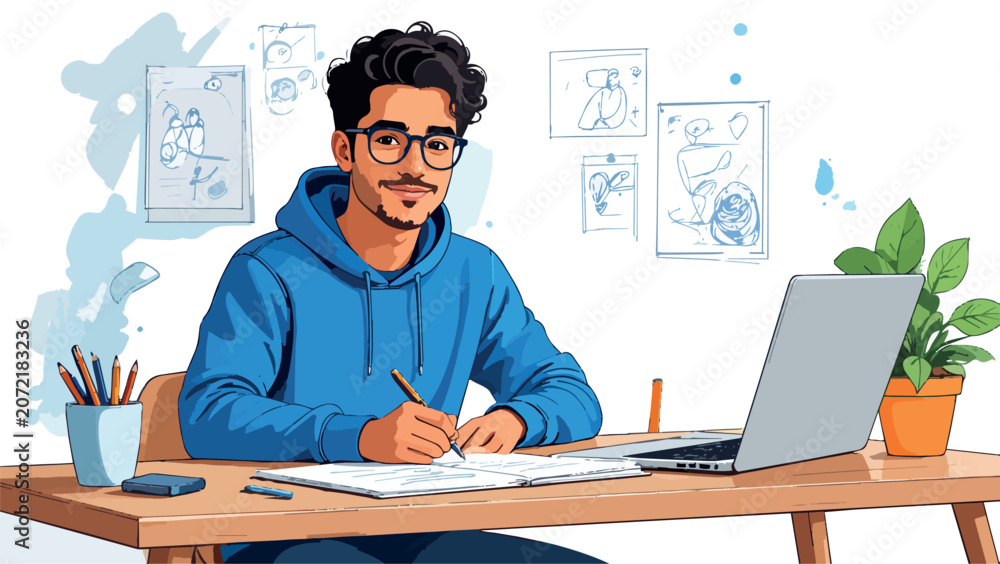 Fototapeta premium Young man studying, learning, and creating content