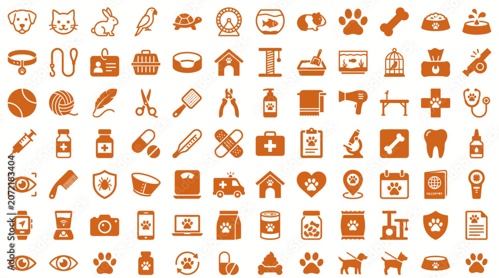 Fototapeta premium Set of orange flat vector icons representing various pet care supplies medical equipment and domestic animal silhouettes for veterinary services